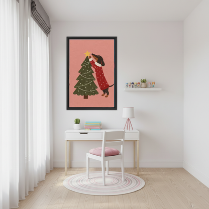 Festive Dachshund Canvas Wall Art framed above a white desk with a pink chair.