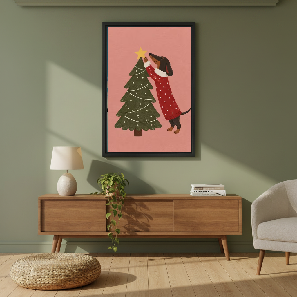 Festive Dachshund Canvas Wall Art framed above a wooden console against an olive wall.