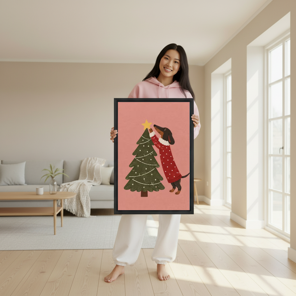 Festive Dachshund Canvas Wall Art held by a woman wearing pink in a bright room.