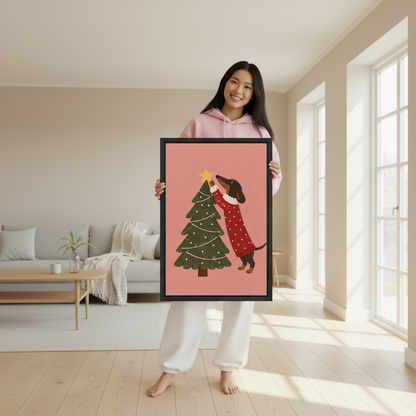 Festive Dachshund Canvas Wall Art held by a woman wearing pink in a bright room.