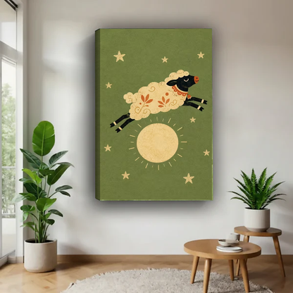 Moon Sheep Canvas Wall Art unframed above a wood table with green plants.