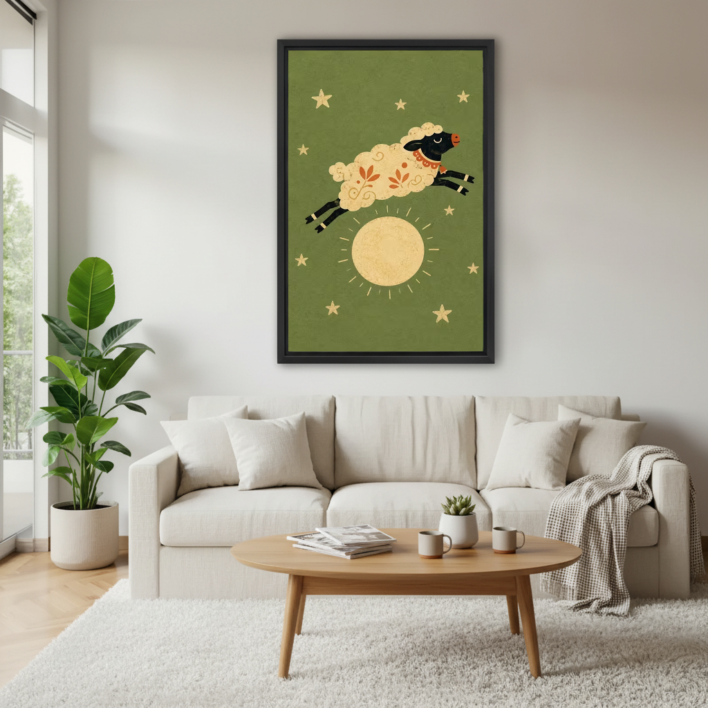 Moon Sheep Canvas Wall Art framed above a white sofa and round coffee table.