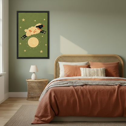 Moon Sheep Canvas Wall Art framed above copper bedding against a muted olive wall.