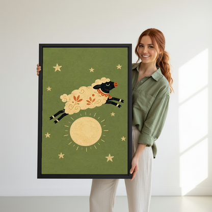 Moon Sheep Canvas Wall Art held in a black frame by a woman wearing green.