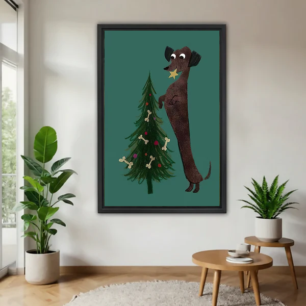 Dachshund Star Canvas Wall Art framed above a wood table with green plants.