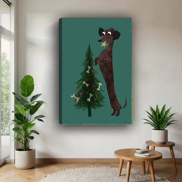 Dachshund Star Canvas Wall Art unframed above a wood table with green plants.