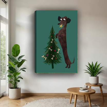 Dachshund Star Canvas Wall Art unframed above a wood table with green plants.