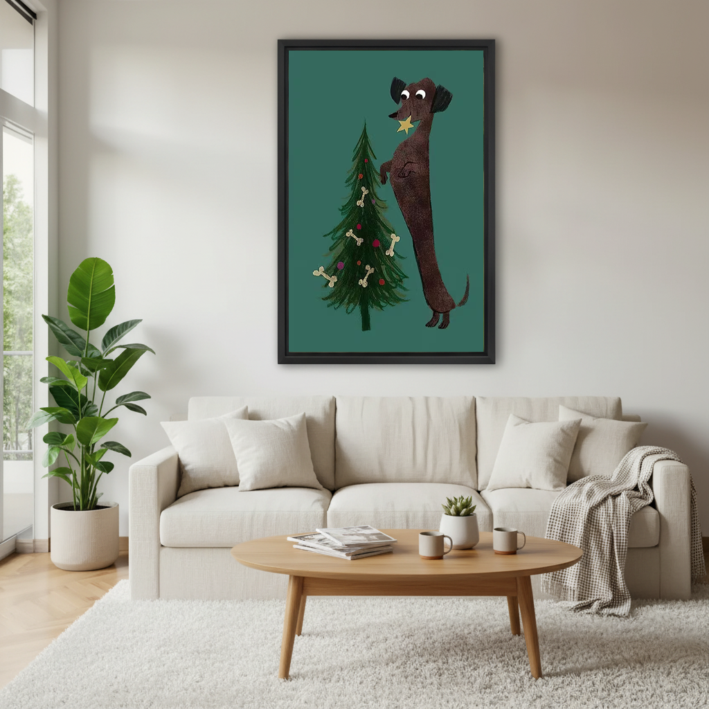 Dachshund Star Canvas Wall Art framed above a white sofa and round coffee table.