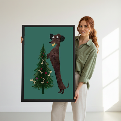 Dachshund Star Canvas Wall Art held in a black frame by a woman wearing green.