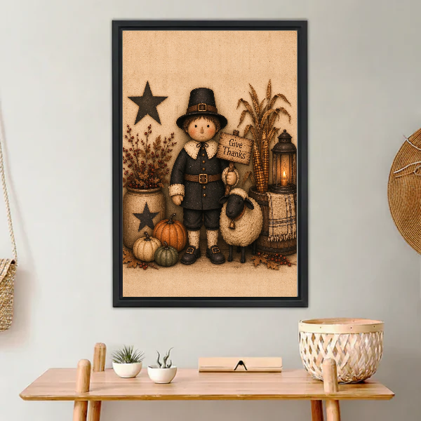 Give Thanks Canvas Wall Art framed above a light wood console with cacti.