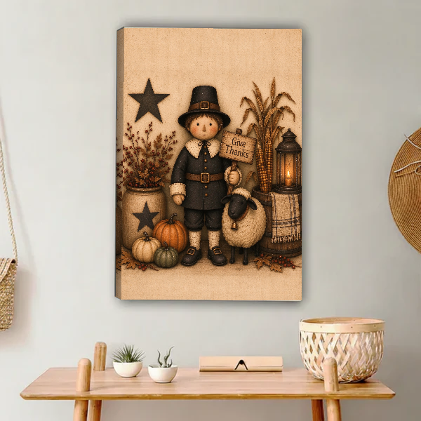 Give Thanks Canvas Wall Art unframed above a light wood console and woven basket.