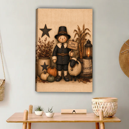 Give Thanks Canvas Wall Art unframed above a light wood console and woven basket.