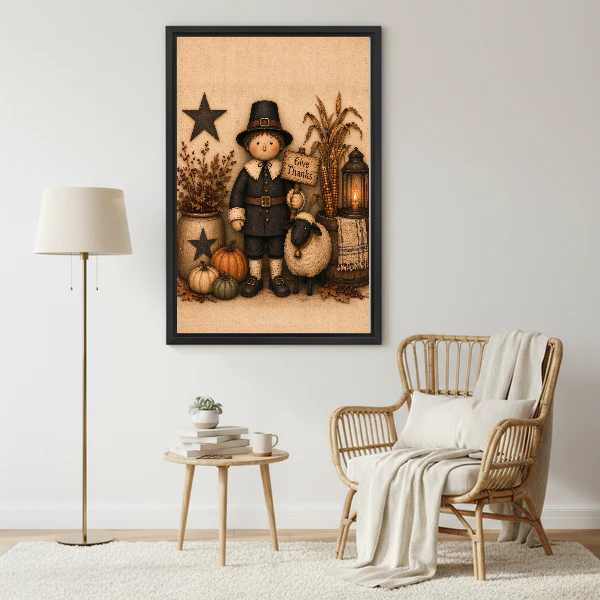 Give Thanks Canvas Wall Art framed beside a wicker armchair with floor lamp.
