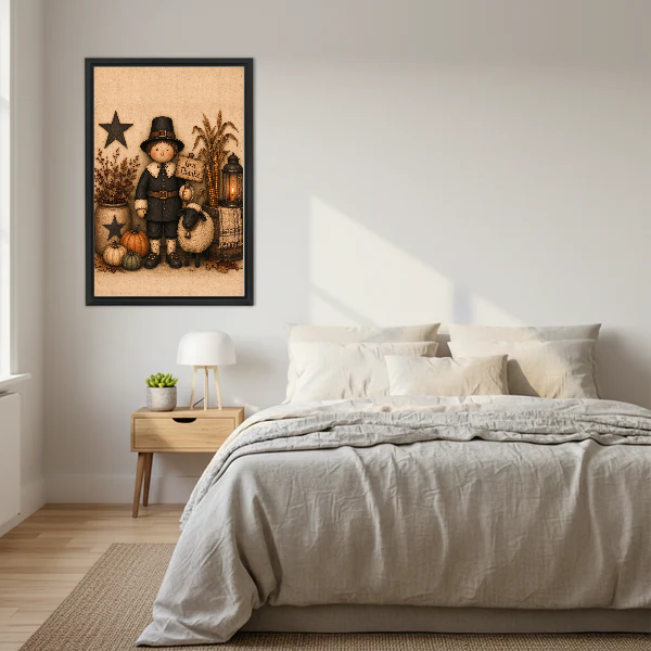 Give Thanks Canvas Wall Art framed above a cream bed with wooden nightstands.