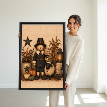 Give Thanks Canvas Wall Art held in a black frame by a standing woman in white.