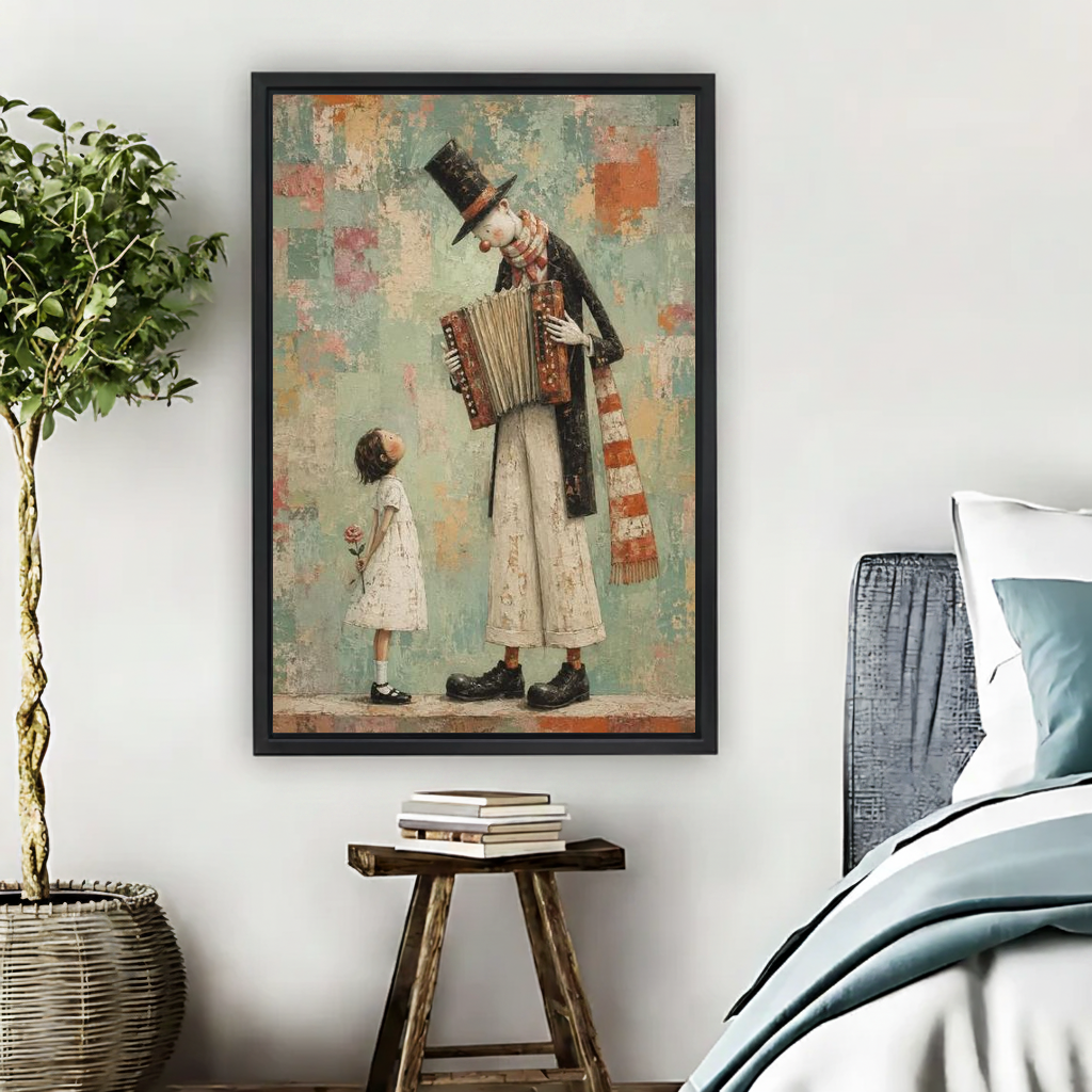 Accordion Clown Canvas Wall Art framed beside blue bedding, a leafy plant, and books.