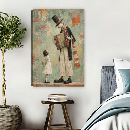 Accordion Clown Canvas Wall Art unframed beside blue bedding and a leafy plant.