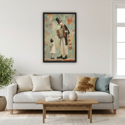 Accordion Clown Canvas Wall Art framed above a pale gray sofa and wood table.