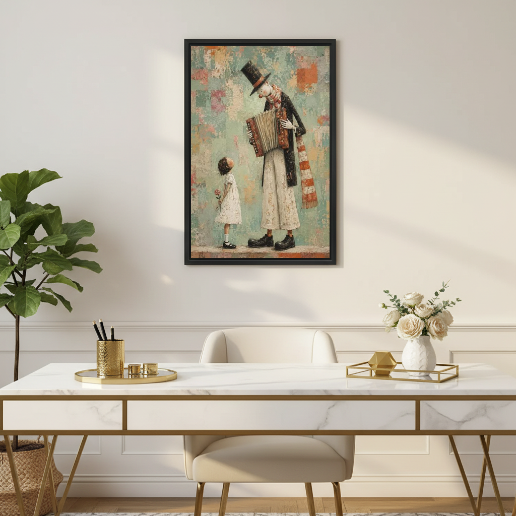 Accordion Clown Canvas Wall Art framed above a white desk with flowers and a chair.