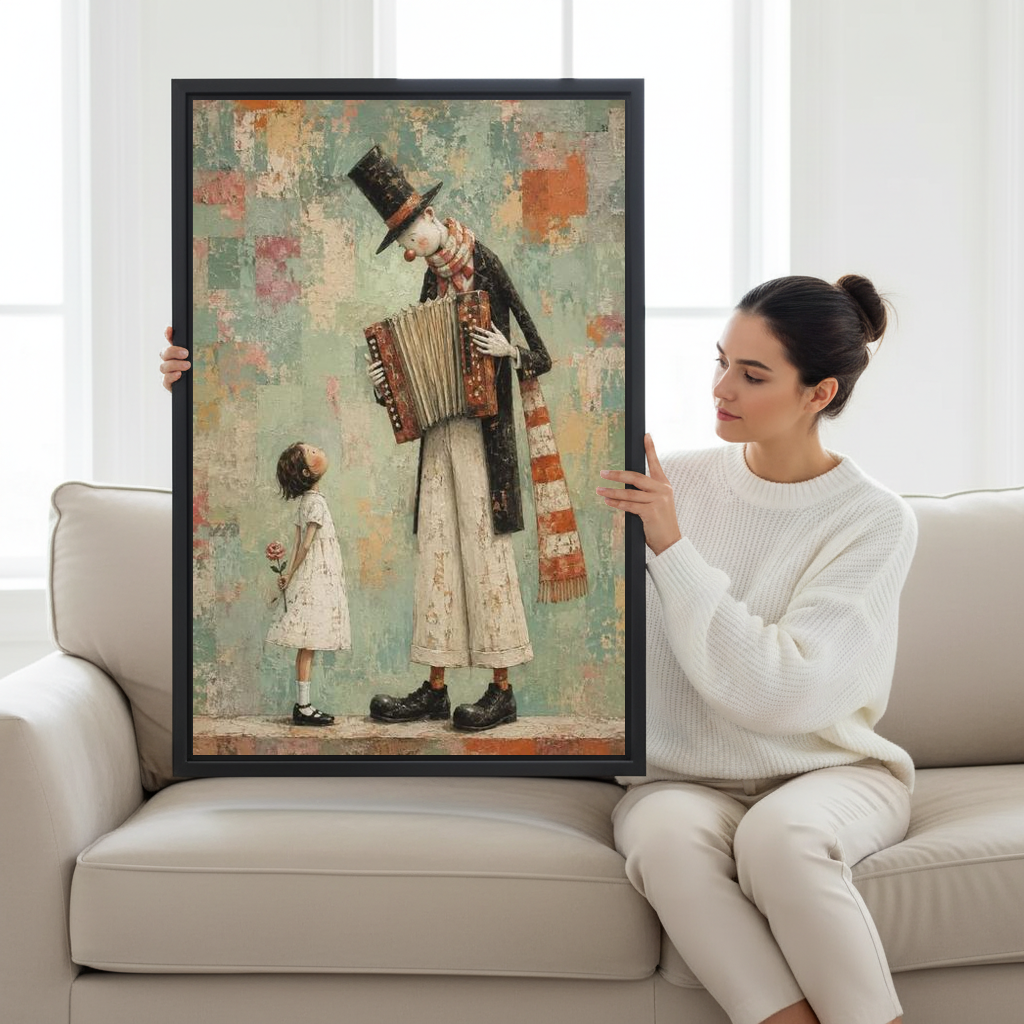 Accordion Clown Canvas Wall Art held by a seated woman on a pale sofa.