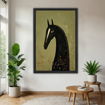 Black Horse Canvas Wall Art framed above a wood table with green plants.
