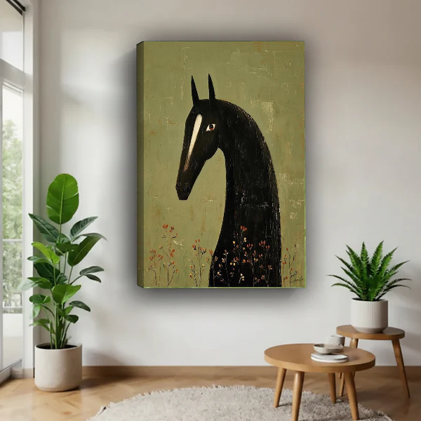Black Horse Canvas Wall Art unframed above a wood table with green plants.