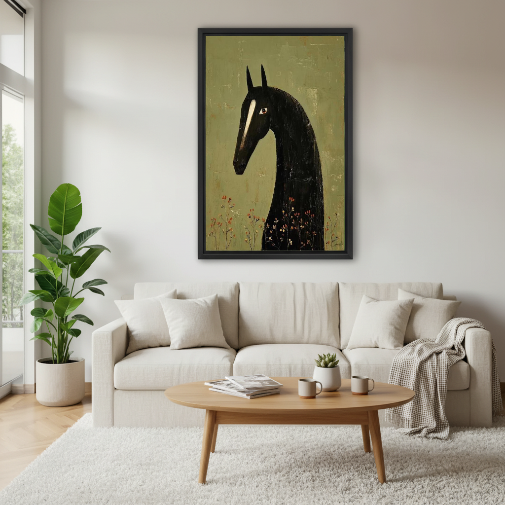 Black Horse Canvas Wall Art framed above a white sofa and round coffee table.
