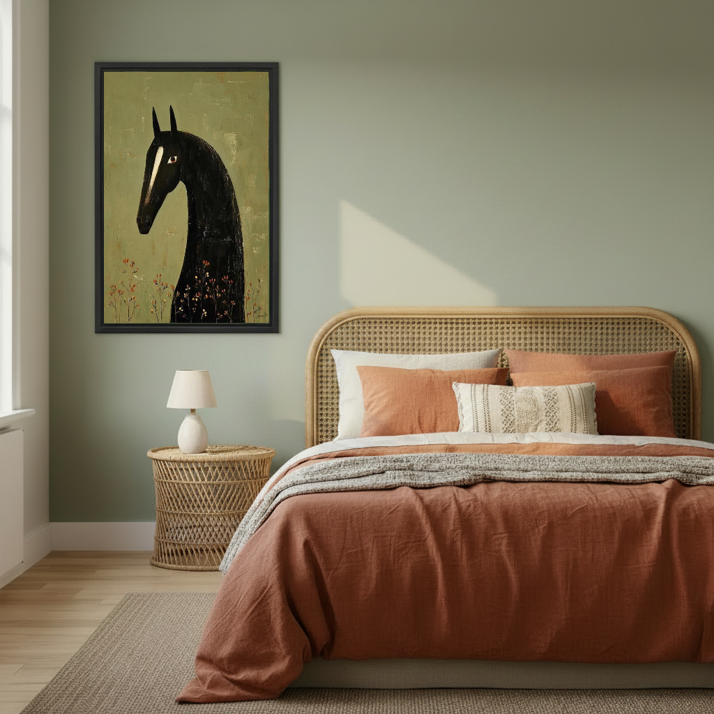 Black Horse Canvas Wall Art framed above copper bedding against a muted olive wall.