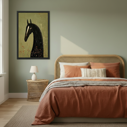 Black Horse Canvas Wall Art framed above copper bedding against a muted olive wall.