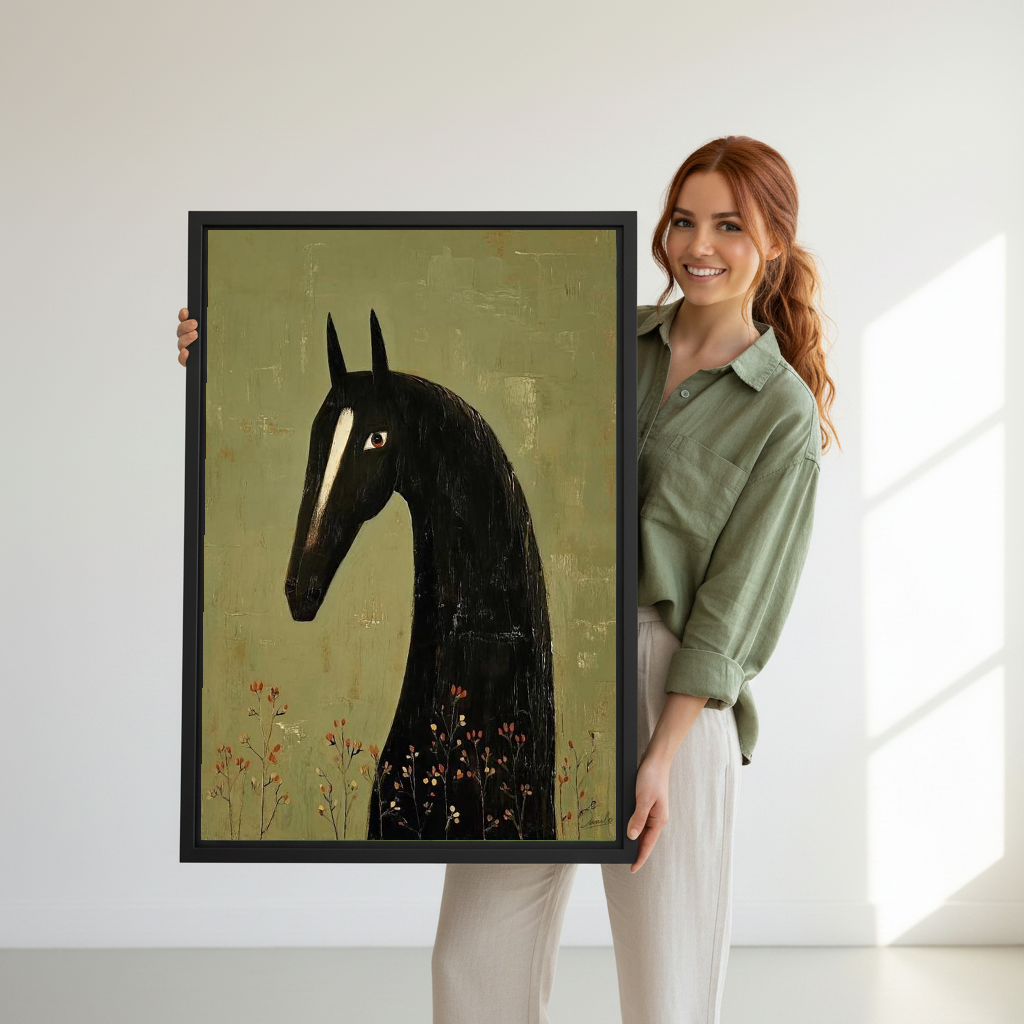 Black Horse Canvas Wall Art held in a black frame by a woman wearing green.