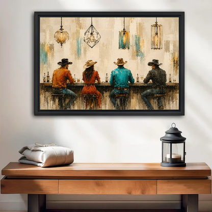 Cowboy Bar Canvas Wall Art framed above a wood console with linen and a lantern.