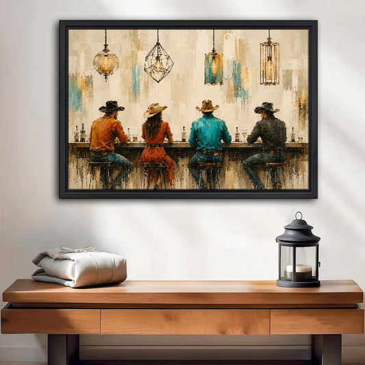 Cowboy Bar Canvas Wall Art framed above a wood console with linen and a lantern.