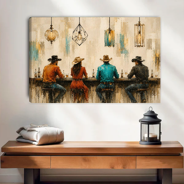 Cowboy Bar Canvas Wall Art unframed above a wood console with linen and a lantern.