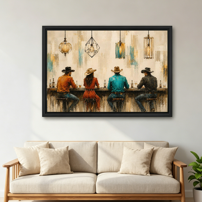 Cowboy Bar Canvas Wall Art framed above a cream sofa with wooden arms.