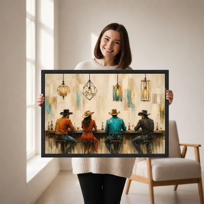 Cowboy Bar Canvas Wall Art held in a black landscape frame by a standing woman.