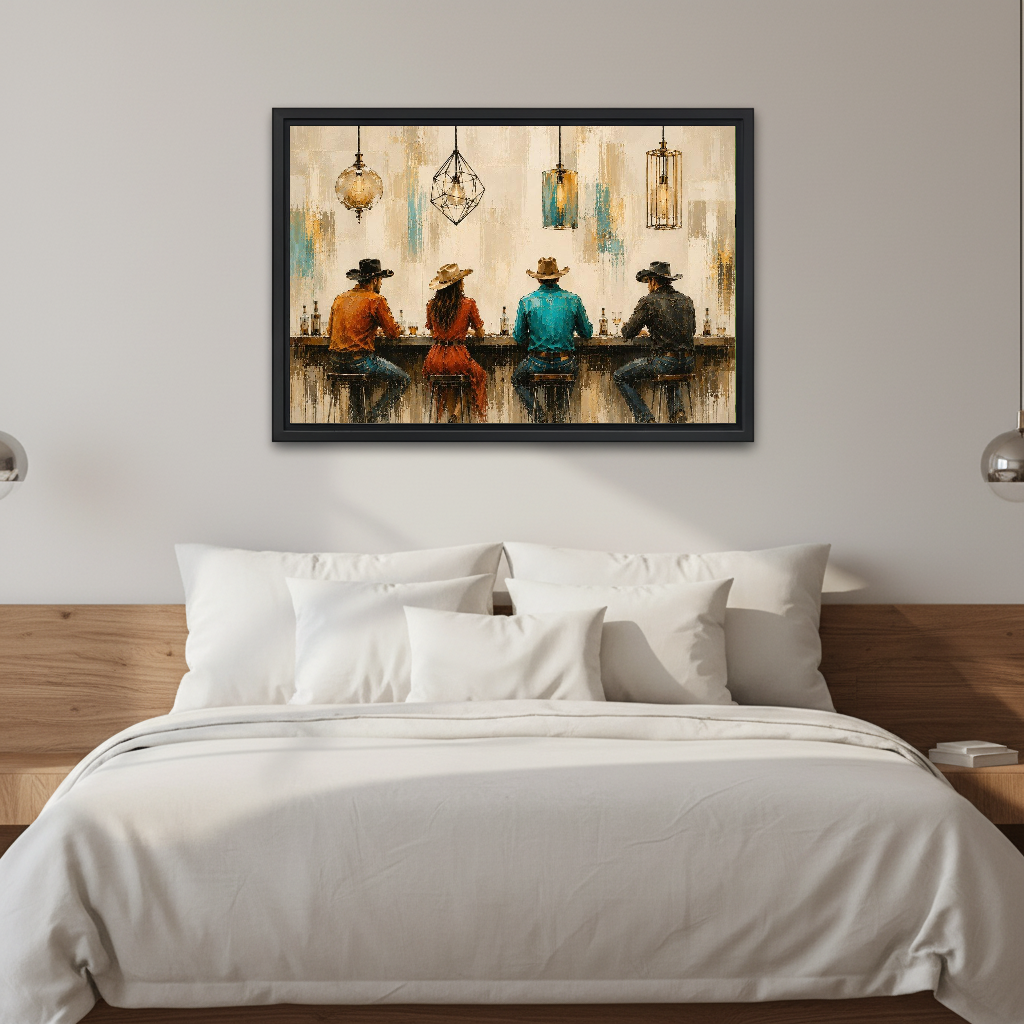 Cowboy Bar Canvas Wall Art framed above white bedding and a warm wood headboard.