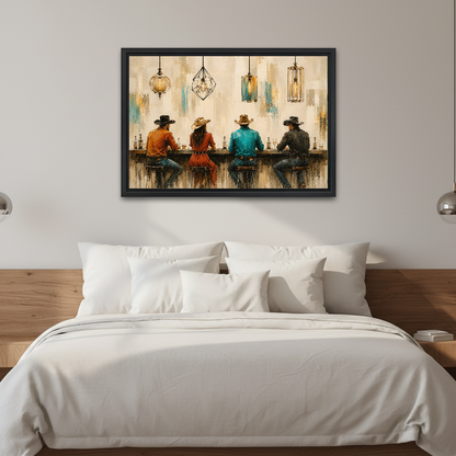 Cowboy Bar Canvas Wall Art framed above white bedding and a warm wood headboard.