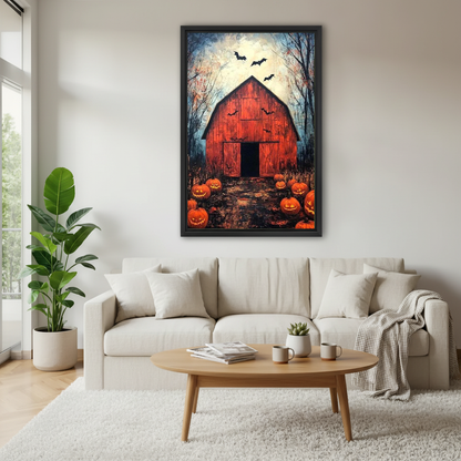 Halloween Barn Canvas Wall Art framed above a white sofa and round coffee table.