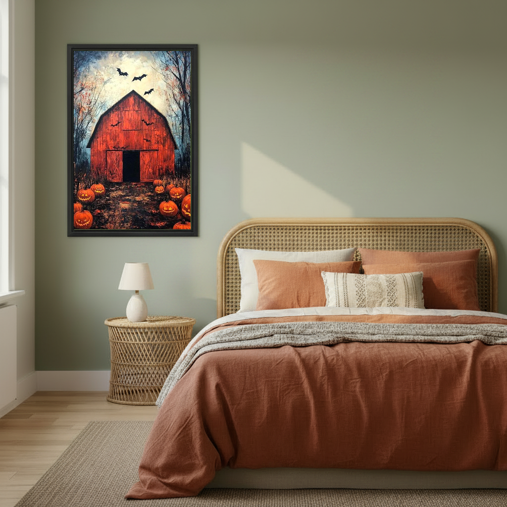 Halloween Barn Canvas Wall Art framed above copper bedding against a muted olive wall.