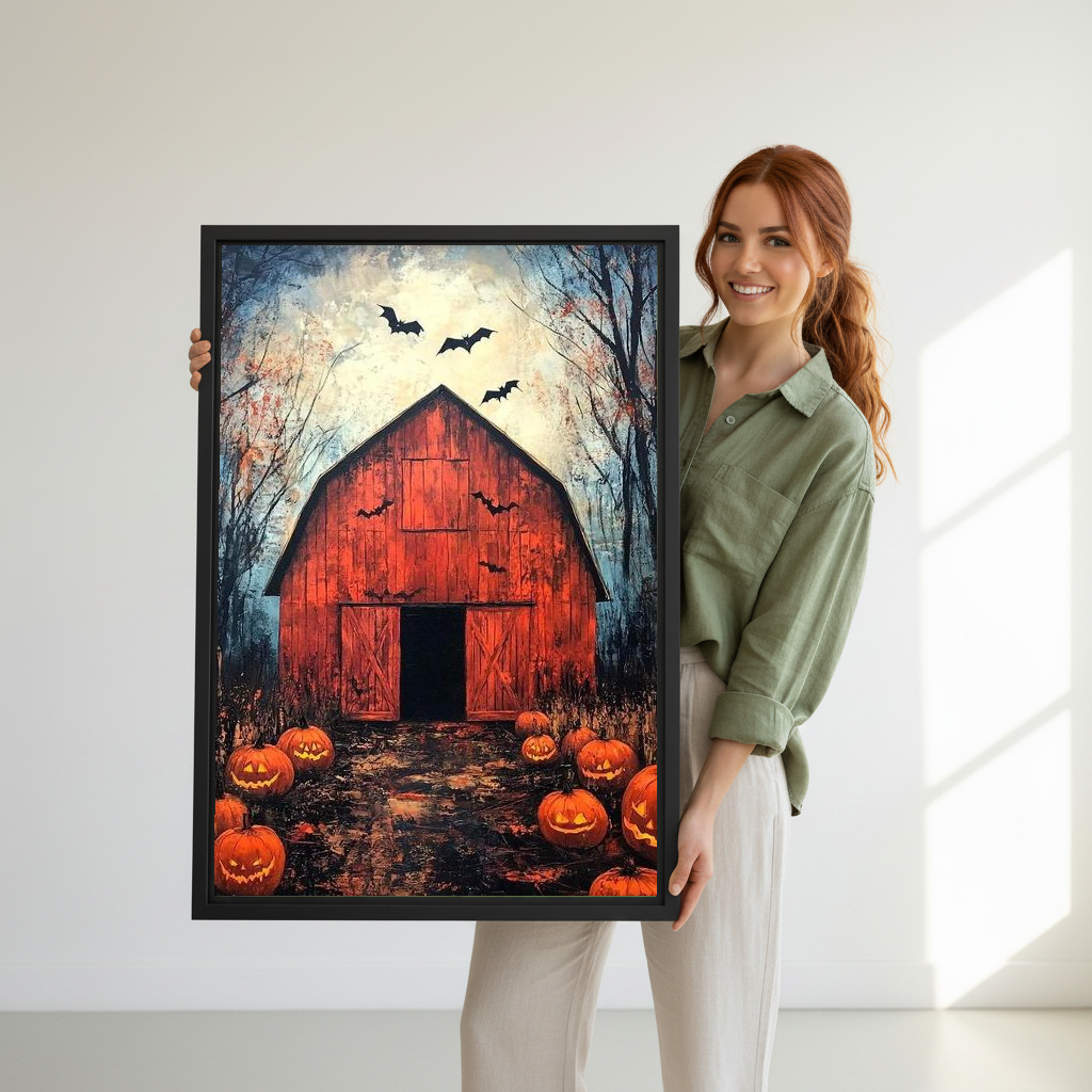 Halloween Barn Canvas Wall Art held in a black frame by a woman wearing green.