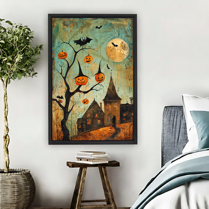 Pumpkin Lantern Canvas Wall Art framed beside blue bedding, a leafy plant, and books.