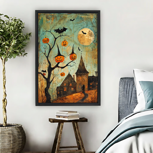 Pumpkin Lantern Canvas Wall Art framed beside blue bedding, a leafy plant, and books.