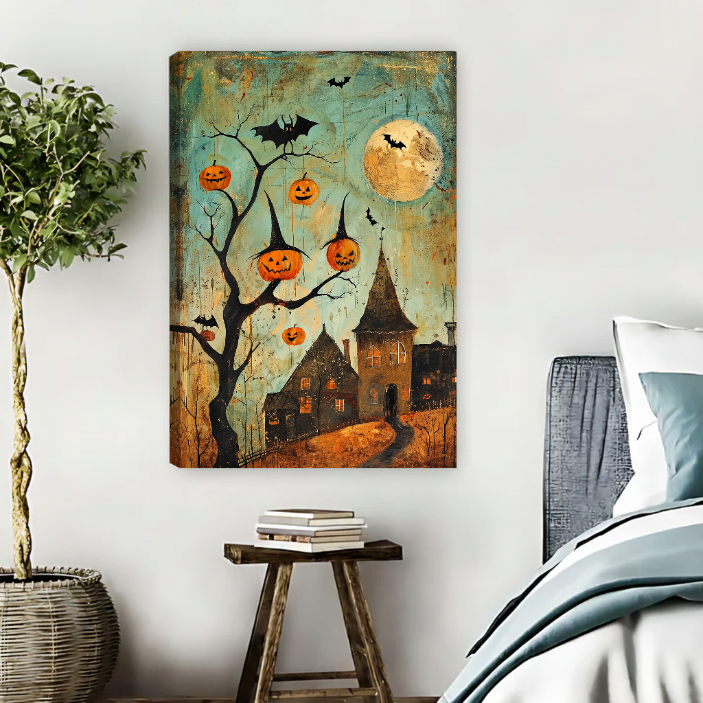 Pumpkin Lantern Canvas Wall Art unframed beside blue bedding and a leafy plant.