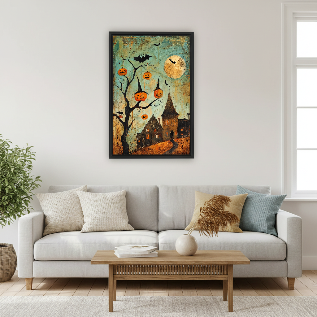 Pumpkin Lantern Canvas Wall Art framed above a pale gray sofa and wood table.