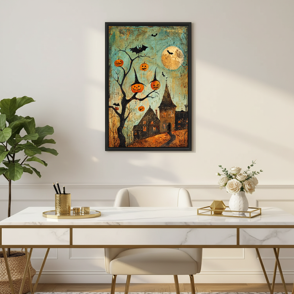 Pumpkin Lantern Canvas Wall Art framed above a white desk with flowers and a chair.
