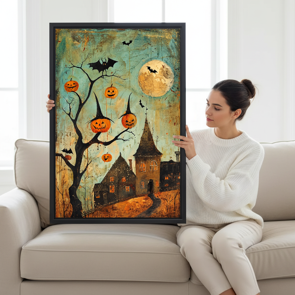 Pumpkin Lantern Canvas Wall Art held by a seated woman on a pale sofa.