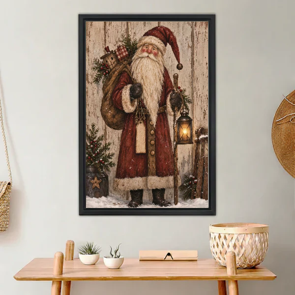 Vintage Santa Canvas Wall Art framed above a light wood console with cacti.
