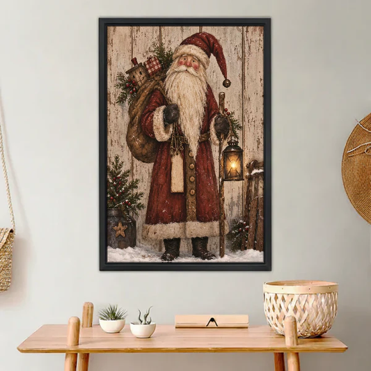 Vintage Santa Canvas Wall Art framed above a light wood console with cacti.