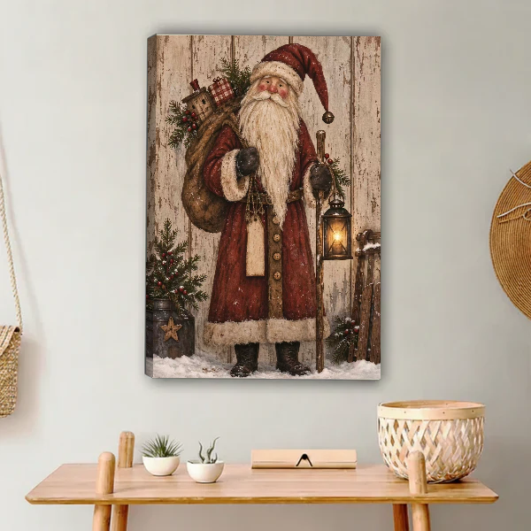 Vintage Santa Canvas Wall Art unframed above a light wood console and woven basket.