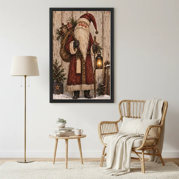 Vintage Santa Canvas Wall Art framed beside a wicker armchair with floor lamp.